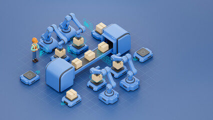 Smart industry production factory warehouse logistic and transport Future Technology. Engineer operating vehicle autonomous guided  robot AGV system robotic arm carry cardboard box. 3d rendering.