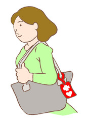 バッグにヘルプマークを付けて外出しているうつ病の女性のイラスト