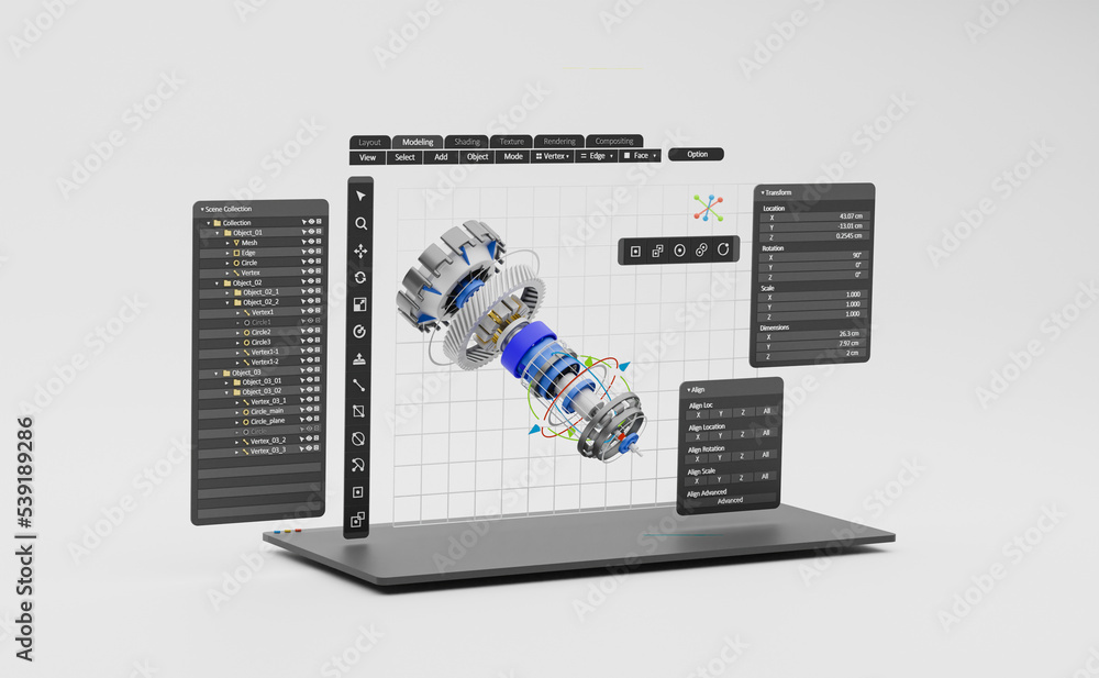 Poster Engineering designer design 3D CAD software program Industrial engine model mechanical dimensional digital manufacturing factory engineer computer screen. 3d rendering.