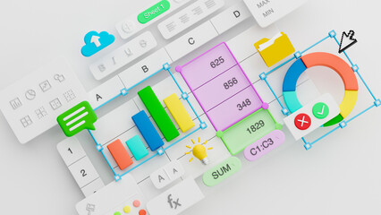 Spreadsheets graphs charts table data business financial report analysis screen software accounting management marketing document growth diagram planning calculate budget statistics. 3d rendering.