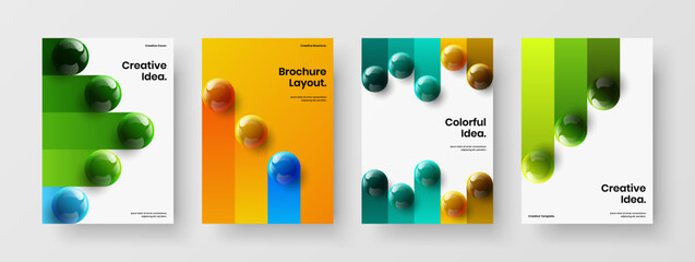 Minimalistic realistic spheres brochure layout composition. Clean corporate cover A4 vector design concept set.