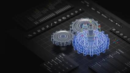 Wandcirkels 3D Engineering designer design 3D CAD software program Industrial engine model mechanical dimensional digital manufacturing factory engineer computer screen. 3d rendering.  © Chaosamran_Studio