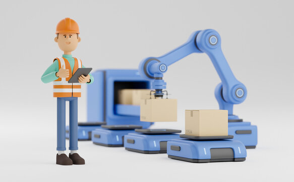 Smart industry production factory warehouse logistic and transport Future Technology. Engineer operating vehicle autonomous guided  robot AGV system robotic arm carry cardboard box. 3d rendering.