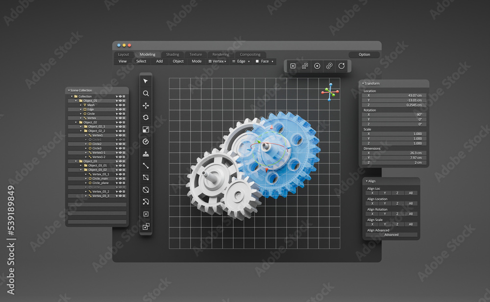 Leinwandbilder Engineering designer design 3D CAD software program Industrial engine model mechanical dimensional digital manufacturing factory engineer computer screen. 3d rendering.
