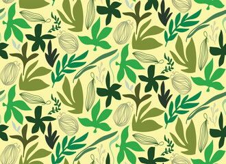 Hand Drawing Abstract Tropical Exotic Leaves and Branches Repeating Vector Pattern Isolated Background