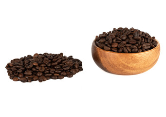 Freshly roasted Arabica and Robusta coffee beans on a white background.