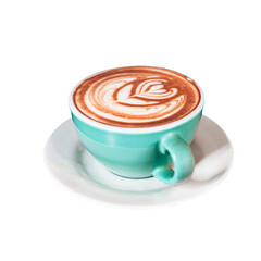 Espresso coffee - blue cup picture in transparent background with heart art mixed with milk. Barista coffee art with latte milk on top. Delicious espresso latte coffee.