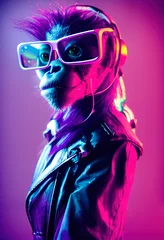 Ein fiktives Porträt eines Punk-Affen mit Kopfhörern und bunten Haaren. Ein Hipster-Affe mit Punkfrisur. 3D-Rendering © designprojects