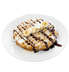 Delicious morning waffle transparent background plate from a restaurant with sweet banana, chocolate and syrup on waffles. Sugar Breakfast food on morning.	