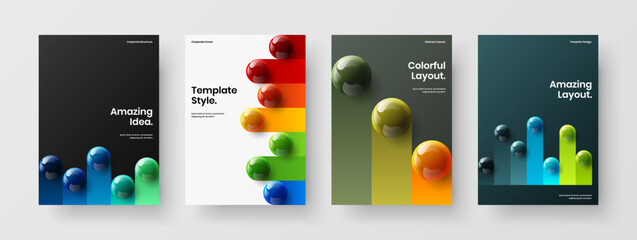 Simple realistic spheres pamphlet concept set. Abstract cover A4 vector design illustration collection.