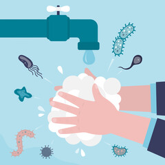 Person washing hands with soap under running water. Closeup view. Hands in foam and soap, skin care and health protection. Bacteria run away. Hygiene concept. Medicine and healthcare.