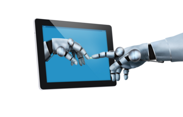 A modern implementation of the painting, the creation of Adam. Combined with a touchpad and a robot hand.