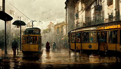 AI generated image of a tram in Lisbon city - obrazy, fototapety, plakaty