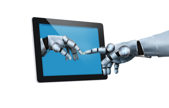 A modern implementation of the painting, the creation of Adam. Combined with a touchpad and a robot hand. - Powered by Adobe