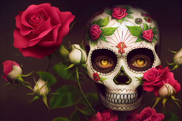 Mexican sugar skull floral background. Sugarskull roses decoration. 3d rendering