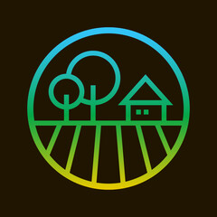 Round line art neon colors emblem of farm field with tree