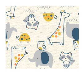 Animal friends elephant, turtle, Racoon, owl and giraffe 