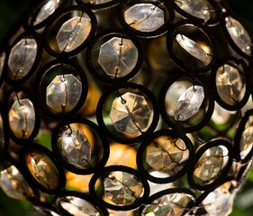 Closeup of a round chandelier with artificial crystals