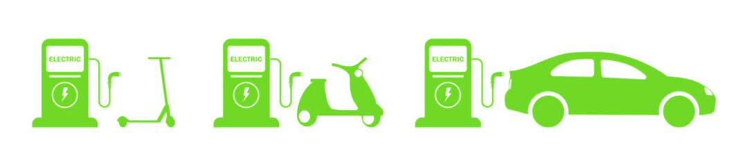 Gasoline car and electric car at the refueling station . Car charging at the charger station. Eco car . Auto refueling petrol at the gas station. ecology transport concept vector illustration