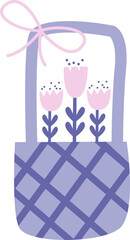 Basket with flowers. Easter element with transparent background. Holiday spring children illustration for Easter decor