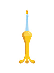 Candlestick. Vintage candelabrum with burning wax candle flame. Elegant old-fashioned holder or metallic lamp icon illustration for interior design. Antique candle