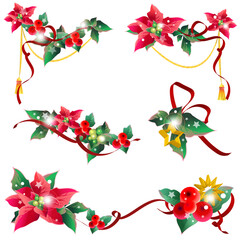 Christmas garland with poinsettia and red ribbons ,isolated on a white - 539195622