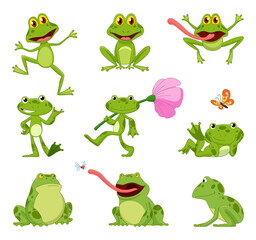 Fototapeta premium Funny cartoon frog collection. Little amphibian characters sitting and jumping on white background. Adorable froggys smiling and catching fly with tongue