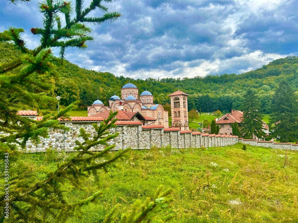 Sticker Beautiful old medieval Celije Monastery in the green forest