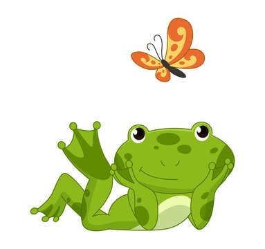 Cartoon frogs Funny cartoon frog. Little amphibia character lying and smiling on white background. Adorable froggy watching the butterfly