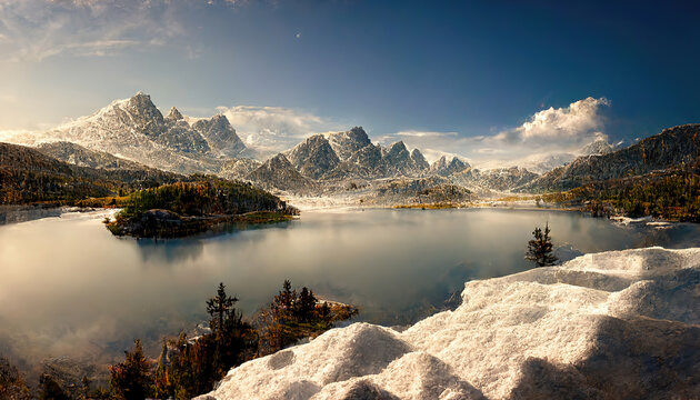 AI generated image of a beautiful landscape with a lake, snow-covered mountains and trees 