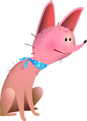 Funny bald little dog, hairless pink skin puppy, hilarious pup illustration for children. Vector dog graphics.