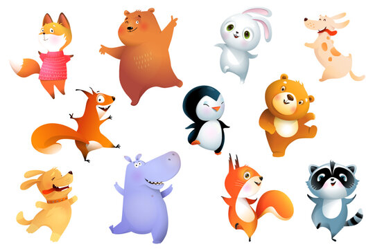 Cute Happy Dancing Jumping animals collection for kids. Hippo bear and fox, funny puppy raccoon and squirrels dancing and laughing. Vector Clipart bundle for children with cute zoo and pets.