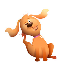 Cute little puppy dog scratching himself, funny pup illustration for children. Vector baby animal graphics.
