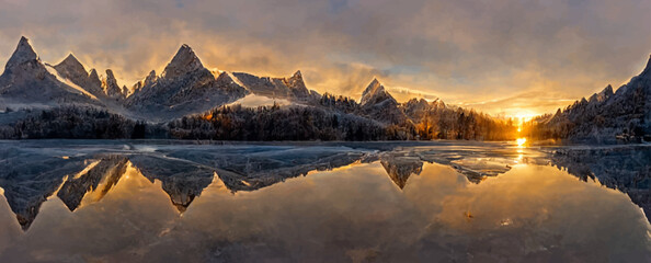 sunrise in winter mountains, mountain reflected in ice
