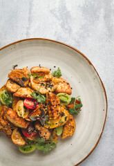 Salad, crispy eggplant in batter, with cherry, sesame seeds, olive oil, homemade, no people,