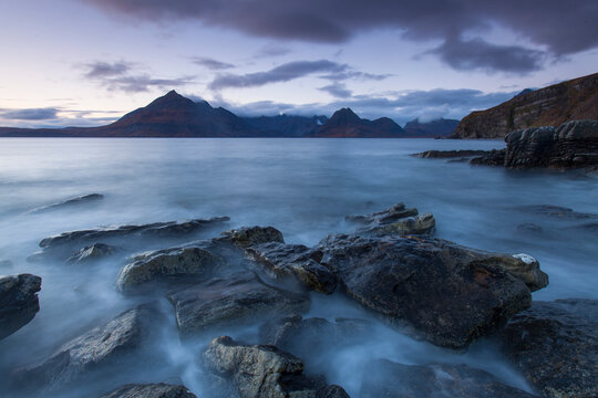 Loch Scavaig and Cuillin Mountains at dusk, Isle of Skye, Scotland, UK.October 