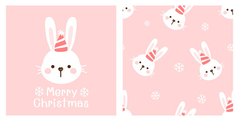 Seamless pattern with rabbit face, new year hat and snowflakes on pink background vector. Christmas card with rabbit cartoon.