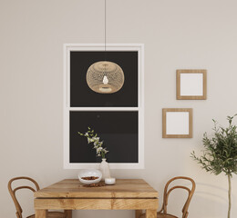 home interior dining room with wood chair,wood table,vase with flowers,plant,pendant lamp,window,wood empty frame,wall 3d render background.