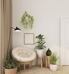 home interior with rattan armchair ,indoor plant , floor lamp,rattan carpet, cream color  fabric and wood empty frame,cozy garden home decorate 3d render background in relax area