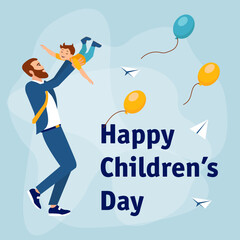 Children's Day. Happy childhood. Child boy with cheerful dad play. Balloons and paper airplanes in the background. Vector illustration isolated on blue background