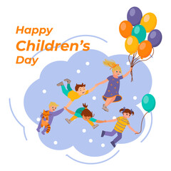 Children's Day. Happy childhood, girls and boys of different ages with colorful balloons have fun. Vector illustration isolated on white background