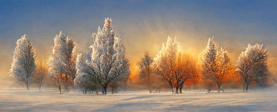 winter nature landscape at sunrise, frosty trees