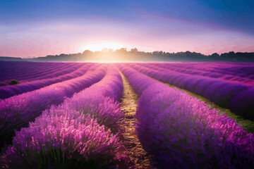 Fototapeta na wymiar a beautiful purple blooming lavender field in summer