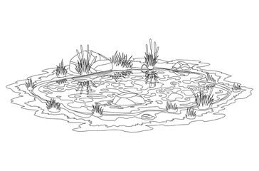 Coloring of picturesque natural pond. Water pond with reeds and stones. Concept of outdoor scene in sketch style. Open small swamp lake. Countryside landscape