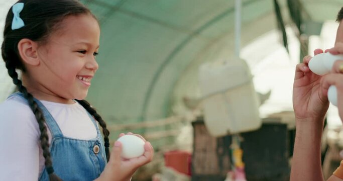 Chicken farmer, man or girl with eggs in playful family, fun or comic game on nature environment, sustainability agriculture or countryside. Smile, happy child or laughing father playing on farm