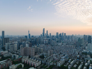 Aerial sunset view of Guangzhou, China. CBD landscapse