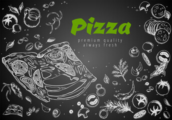 Hand drawn pizza line banner. Engraved style chalk doodle background. Savoury pizza ads. Tasty banner for cafe, restaurant or food delivery service