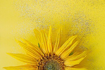 Sunflower flower on a yellow background with sparkles. Selective focus, out of focus. Floral...