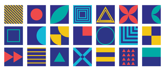 Modern geometric forms. Minimal basic abstract shapes swiss bauhaus style, primitive contemporary dynamic blocks. Brutalism basic forms, lines, eye, circles and patterns, art vector set