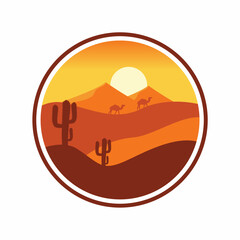 vector illustration Desert landscape logo with round cactus, mountain desert vector template, logo, label, shirt, sticker